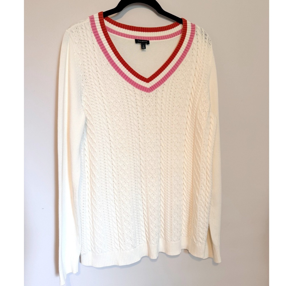 Talbots V-Neck Sweater Womens M Ivory Excellent Pink Orange Trim Cable Knit